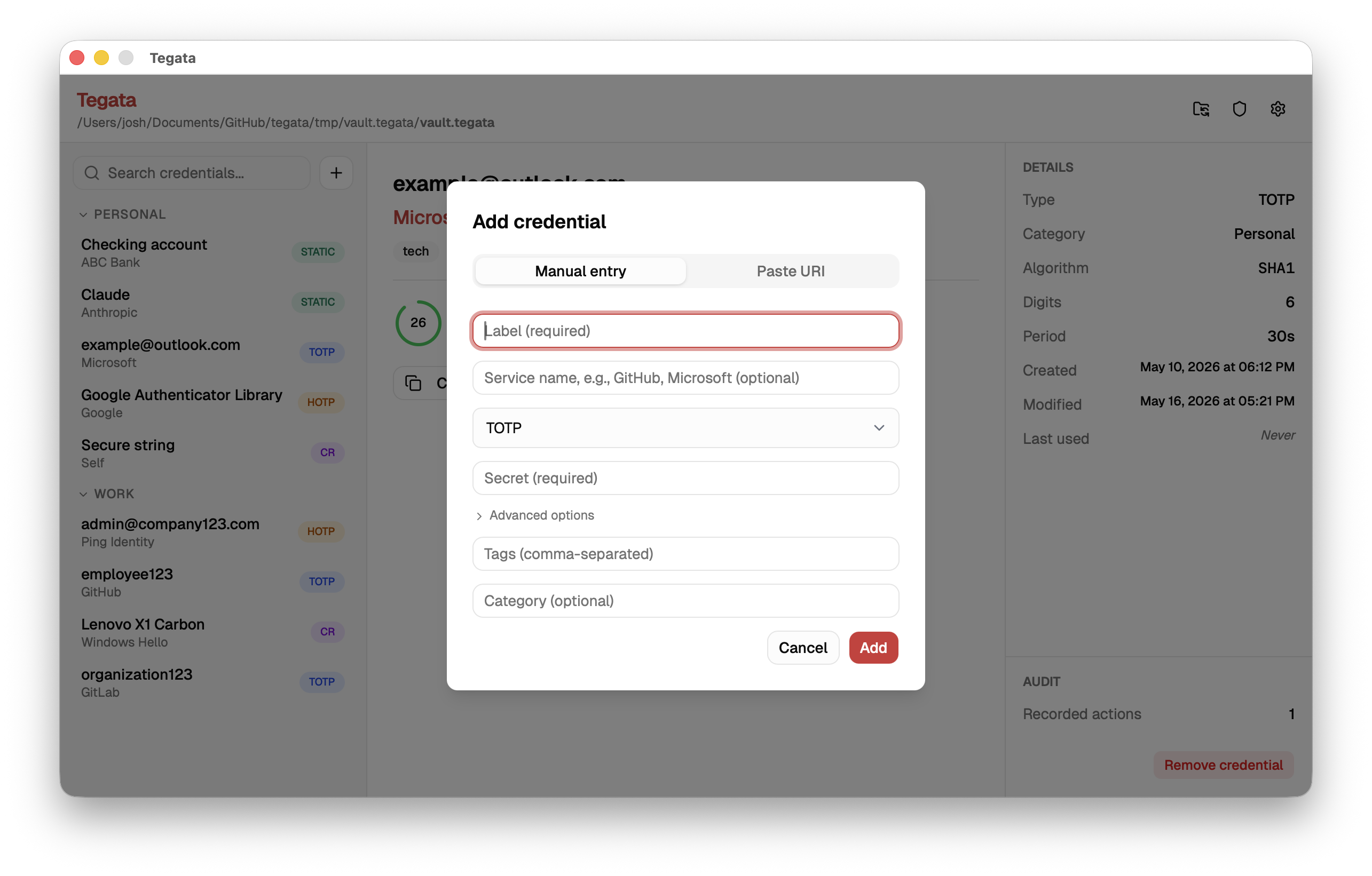 Add credential dialog with manual entry options