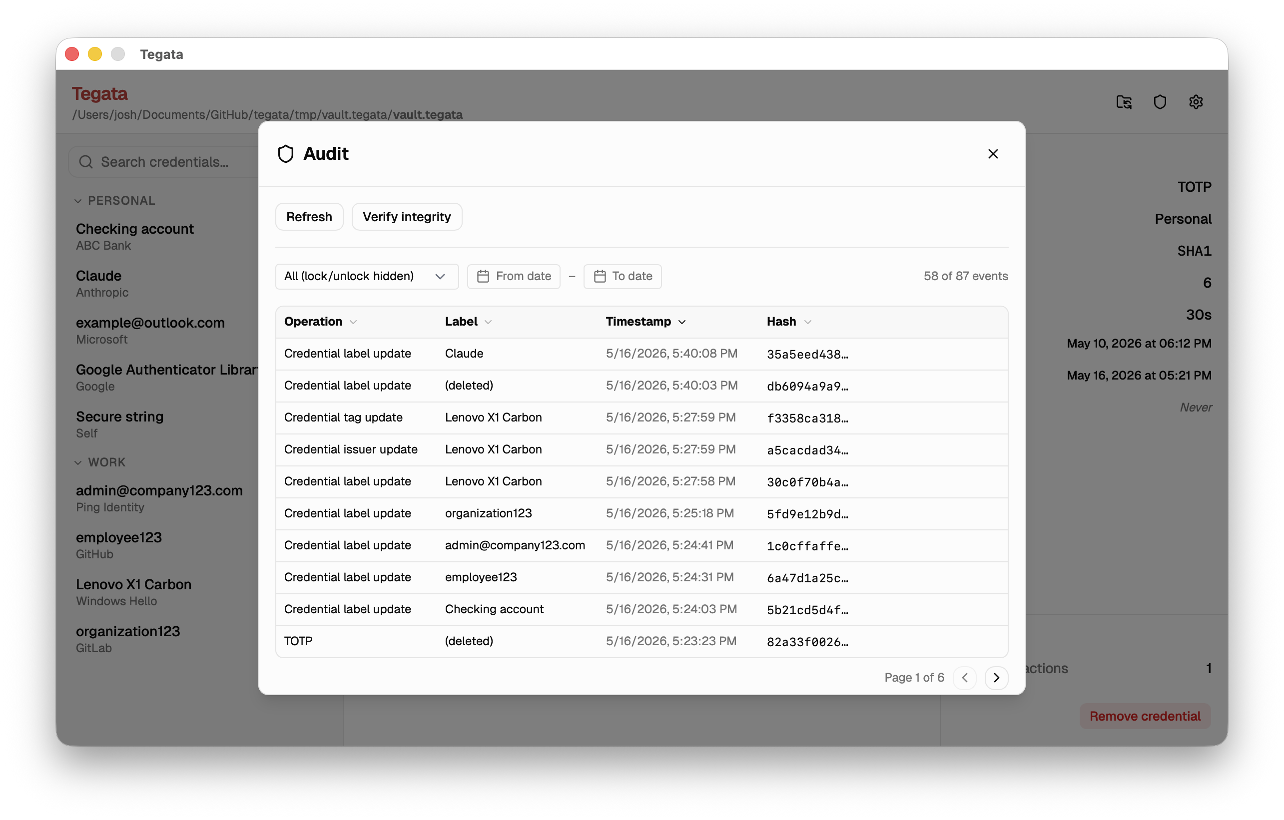 Audit panel showing event history table and integrity controls