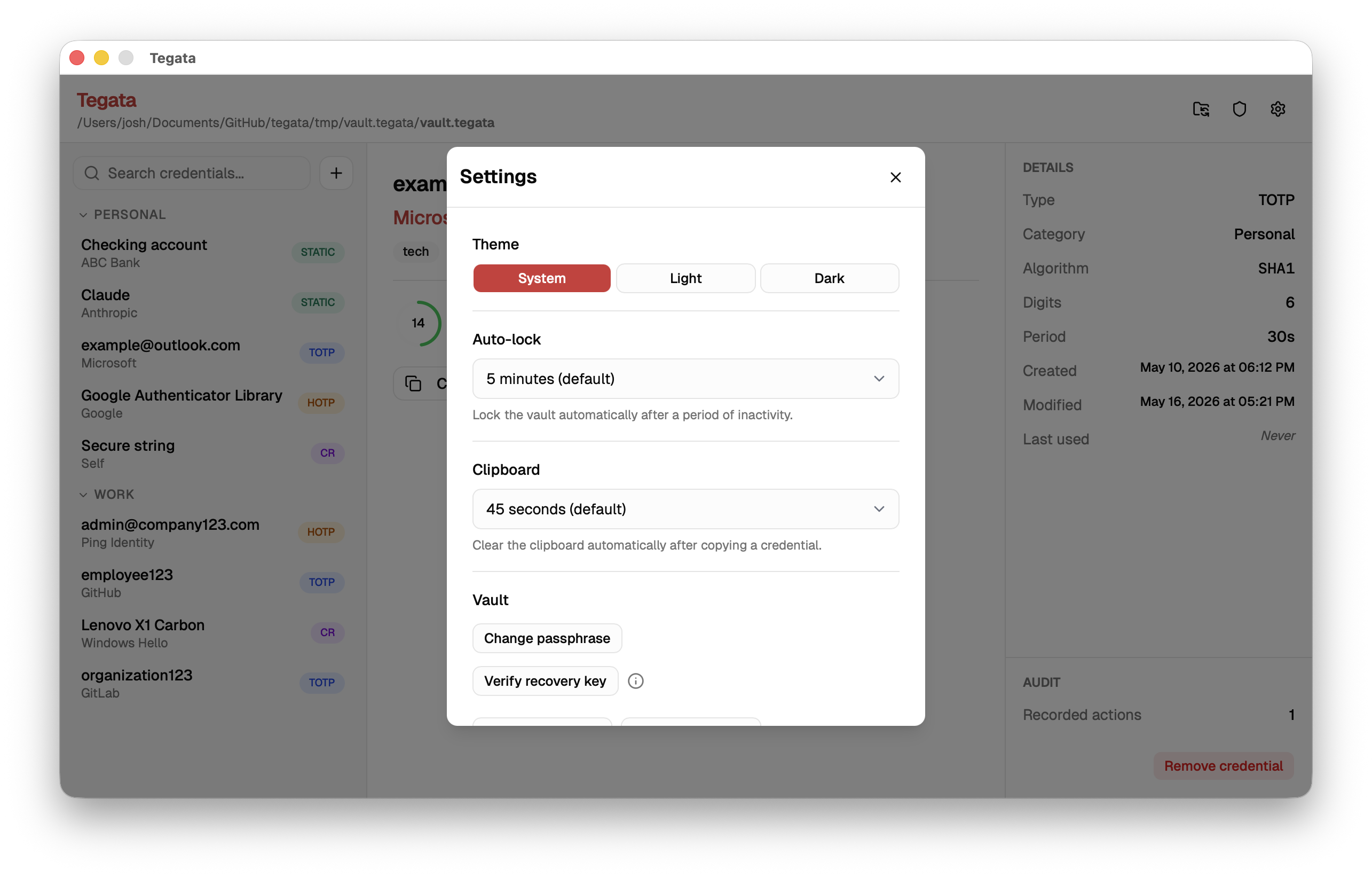 Settings panel with theme, auto-lock, and clipboard controls
